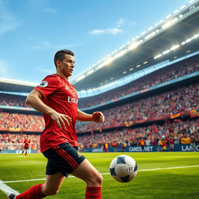 A vibrant soccer scene showcasing a dynamic football match set in a large, crowded stadium, featuring a male soccer player with a strong build and distinct features reminiscent of Cristiano Ronaldo, wearing a red team jersey and black shorts