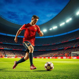 A vibrant soccer scene showcasing a dynamic football match set in a large, crowded stadium, featuring a male soccer player with a strong build and distinct features reminiscent of Cristiano Ronaldo, wearing a red team jersey and black shorts