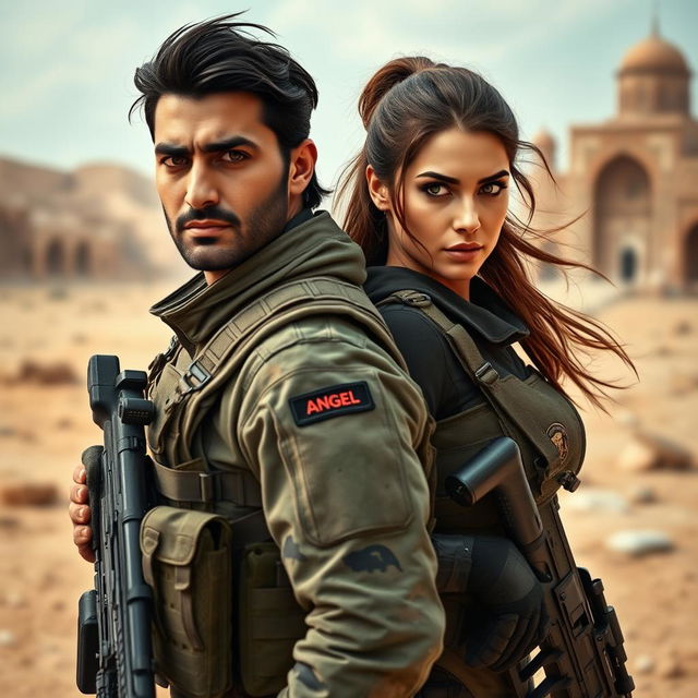 A thrilling scene featuring two commandos, a man named Seyed and a woman named Angel, set against an Iranian backdrop
