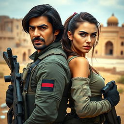 A thrilling scene featuring two commandos, a man named Seyed and a woman named Angel, set against an Iranian backdrop