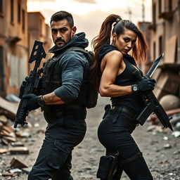 A dynamic scene featuring two commandos, a man named Seyed and a woman named Angel