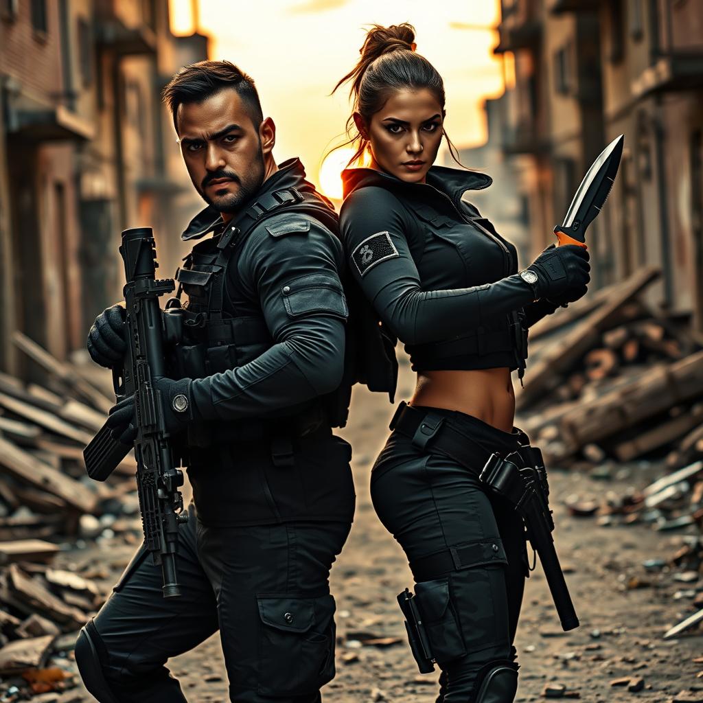 A dynamic scene featuring two commandos, a man named Seyed and a woman named Angel