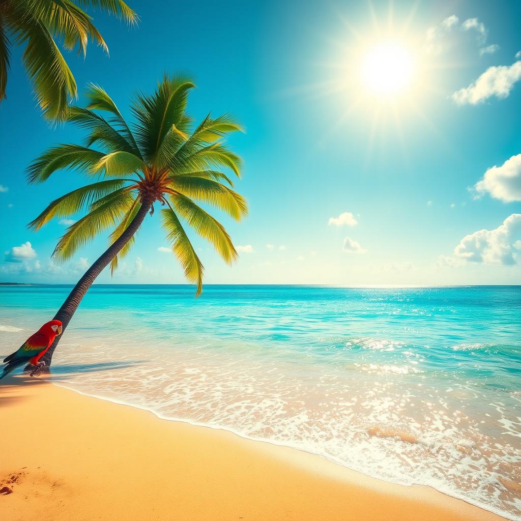 A serene beach scene featuring soft golden sand, clear blue water gently lapping at the shore, and a vibrant green palm tree providing shade