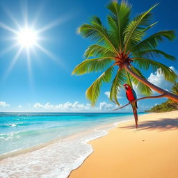 A serene beach scene featuring soft golden sand, clear blue water gently lapping at the shore, and a vibrant green palm tree providing shade