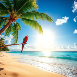 A serene beach scene featuring soft golden sand, clear blue water gently lapping at the shore, and a vibrant green palm tree providing shade