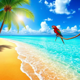 A serene beach scene featuring soft golden sand, clear blue water gently lapping at the shore, and a vibrant green palm tree providing shade