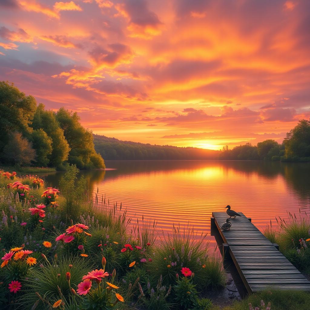 a serene and detailed landscape featuring a peaceful lake surrounded by lush green trees and colorful wildflowers in full bloom, a vibrant sunset casting warm orange and pink hues across the sky, gentle ripples on the water reflecting the sky's colors, a small wooden dock at the edge of the lake with a couple of ducks floating nearby, soft lighting enhancing the tranquil atmosphere