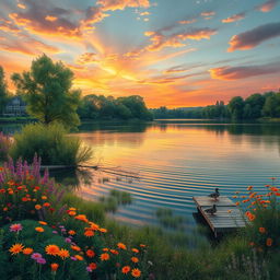 a serene and detailed landscape featuring a peaceful lake surrounded by lush green trees and colorful wildflowers in full bloom, a vibrant sunset casting warm orange and pink hues across the sky, gentle ripples on the water reflecting the sky's colors, a small wooden dock at the edge of the lake with a couple of ducks floating nearby, soft lighting enhancing the tranquil atmosphere