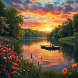 a serene and detailed landscape featuring a peaceful lake surrounded by lush green trees and colorful wildflowers in full bloom, a vibrant sunset casting warm orange and pink hues across the sky, gentle ripples on the water reflecting the sky's colors, a small wooden dock at the edge of the lake with a couple of ducks floating nearby, soft lighting enhancing the tranquil atmosphere