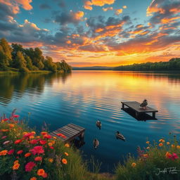 a serene and detailed landscape featuring a peaceful lake surrounded by lush green trees and colorful wildflowers in full bloom, a vibrant sunset casting warm orange and pink hues across the sky, gentle ripples on the water reflecting the sky's colors, a small wooden dock at the edge of the lake with a couple of ducks floating nearby, soft lighting enhancing the tranquil atmosphere