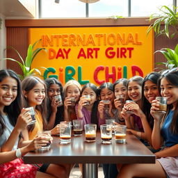 A vibrant scene featuring 11 diverse girls of different ethnicities joyfully drinking coffee from transparent cups