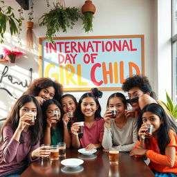 A vibrant scene featuring 11 diverse girls of different ethnicities joyfully drinking coffee from transparent cups