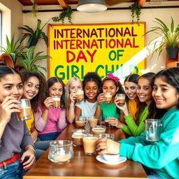 A vibrant scene featuring 11 diverse girls of different ethnicities joyfully drinking coffee from transparent cups