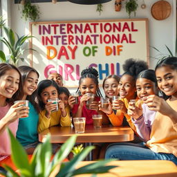 A vibrant scene featuring 11 diverse girls of different ethnicities joyfully drinking coffee from transparent cups