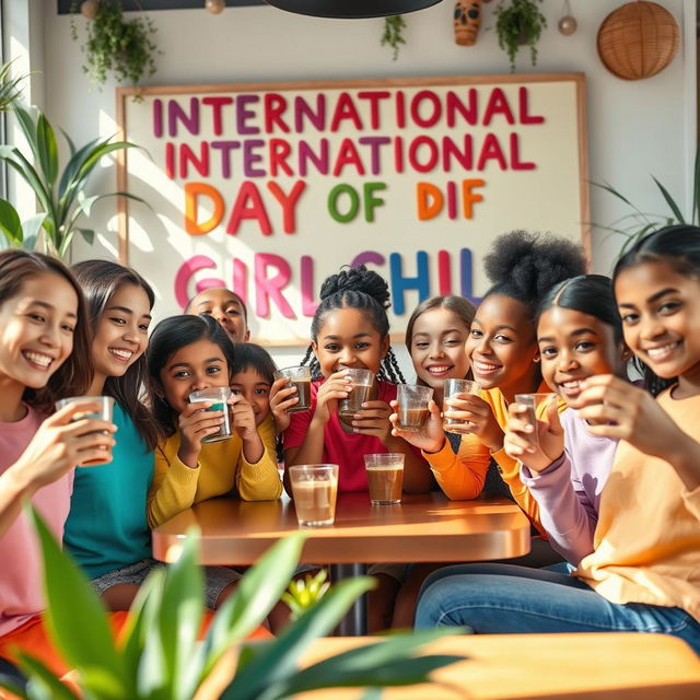A vibrant scene featuring 11 diverse girls of different ethnicities joyfully drinking coffee from transparent cups