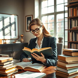 A sophisticated banker woman seated at her modern desk, surrounded by piles of classic literature and open books