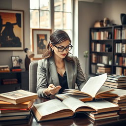 A sophisticated banker woman seated at her modern desk, surrounded by piles of classic literature and open books
