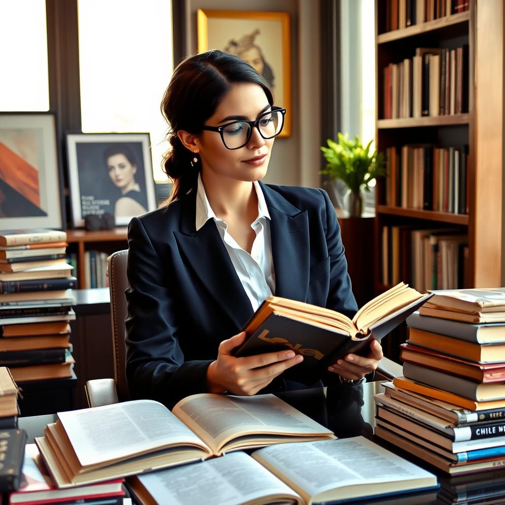 A sophisticated banker woman seated at her modern desk, surrounded by piles of classic literature and open books