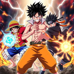 An intense battle scene showcasing three iconic anime characters: Monkey D