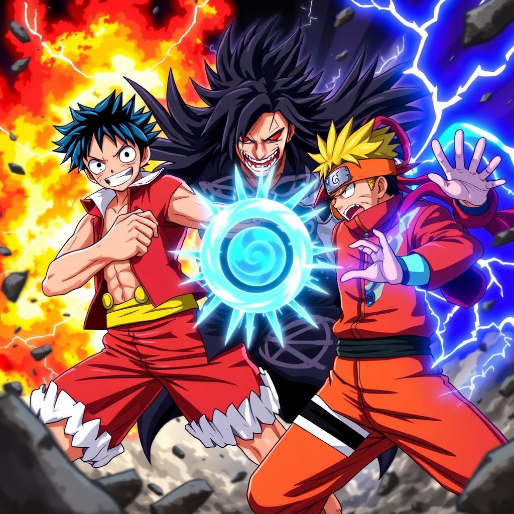 An intense battle scene showcasing three iconic anime characters: Monkey D