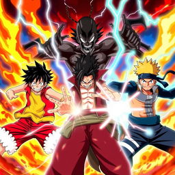 An intense battle scene showcasing three iconic anime characters: Monkey D