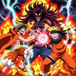 An intense battle scene showcasing three iconic anime characters: Monkey D