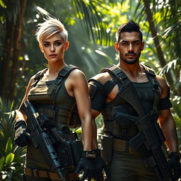 Two commandos, a woman named Angel with short, spiky blonde hair, wearing a tactical combat outfit fitting her athletic build, and a man named Syed with a strong physique, short black hair, and a serious expression, both equipped with modern military gear, standing in a dense jungle environment