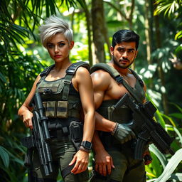 Two commandos, a woman named Angel with short, spiky blonde hair, wearing a tactical combat outfit fitting her athletic build, and a man named Syed with a strong physique, short black hair, and a serious expression, both equipped with modern military gear, standing in a dense jungle environment