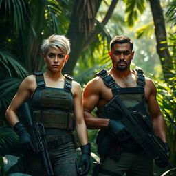 Two commandos, a woman named Angel with short, spiky blonde hair, wearing a tactical combat outfit fitting her athletic build, and a man named Syed with a strong physique, short black hair, and a serious expression, both equipped with modern military gear, standing in a dense jungle environment