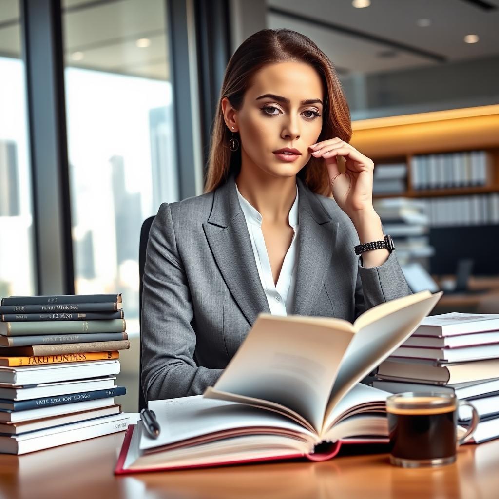 A professional banker woman with an elegant appearance, sitting at her desk in a modern office, surrounded by stacks of books and literary materials
