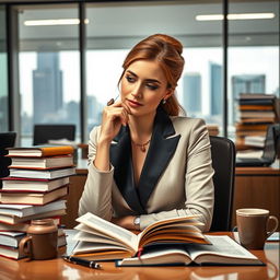 A professional banker woman with an elegant appearance, sitting at her desk in a modern office, surrounded by stacks of books and literary materials