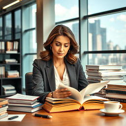 A professional banker woman with an elegant appearance, sitting at her desk in a modern office, surrounded by stacks of books and literary materials