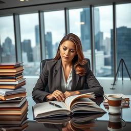 A professional banker woman with an elegant appearance, sitting at her desk in a modern office, surrounded by stacks of books and literary materials