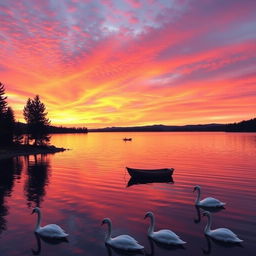 A serene sunset over a tranquil lake, where the sky is a vivid palette of oranges, pinks, and purples