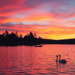 A serene sunset over a tranquil lake, where the sky is a vivid palette of oranges, pinks, and purples
