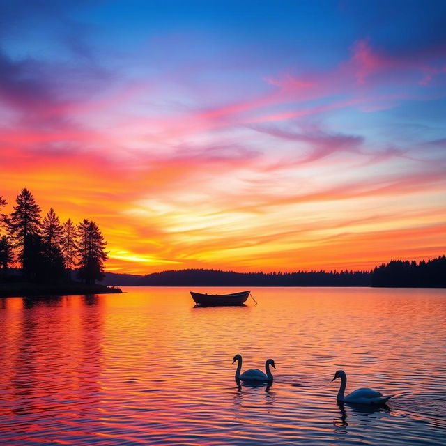 A serene sunset over a tranquil lake, where the sky is a vivid palette of oranges, pinks, and purples