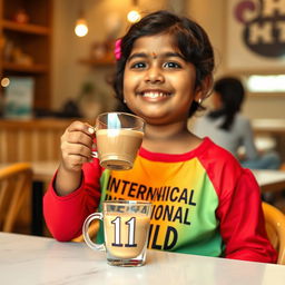 A cheerful Indian chubby girl sitting at a table, enjoying coffee from a transparent cup that has the number '11' printed on it