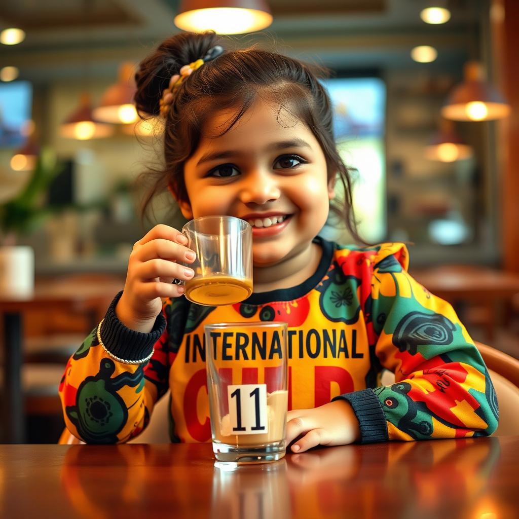A cheerful Indian chubby girl sitting at a table, enjoying coffee from a transparent cup that has the number '11' printed on it