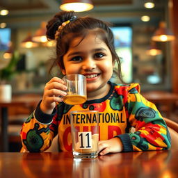 A cheerful Indian chubby girl sitting at a table, enjoying coffee from a transparent cup that has the number '11' printed on it
