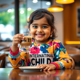 A cheerful Indian chubby girl sitting at a table, enjoying coffee from a transparent cup that has the number '11' printed on it