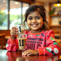 A cheerful Indian chubby girl sitting at a table, enjoying coffee from a transparent cup that has the number '11' printed on it