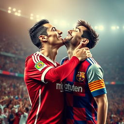 A surreal and imaginative scene depicting Cristiano Ronaldo kissing Lionel Messi, in a friendly and sportsmanlike manner