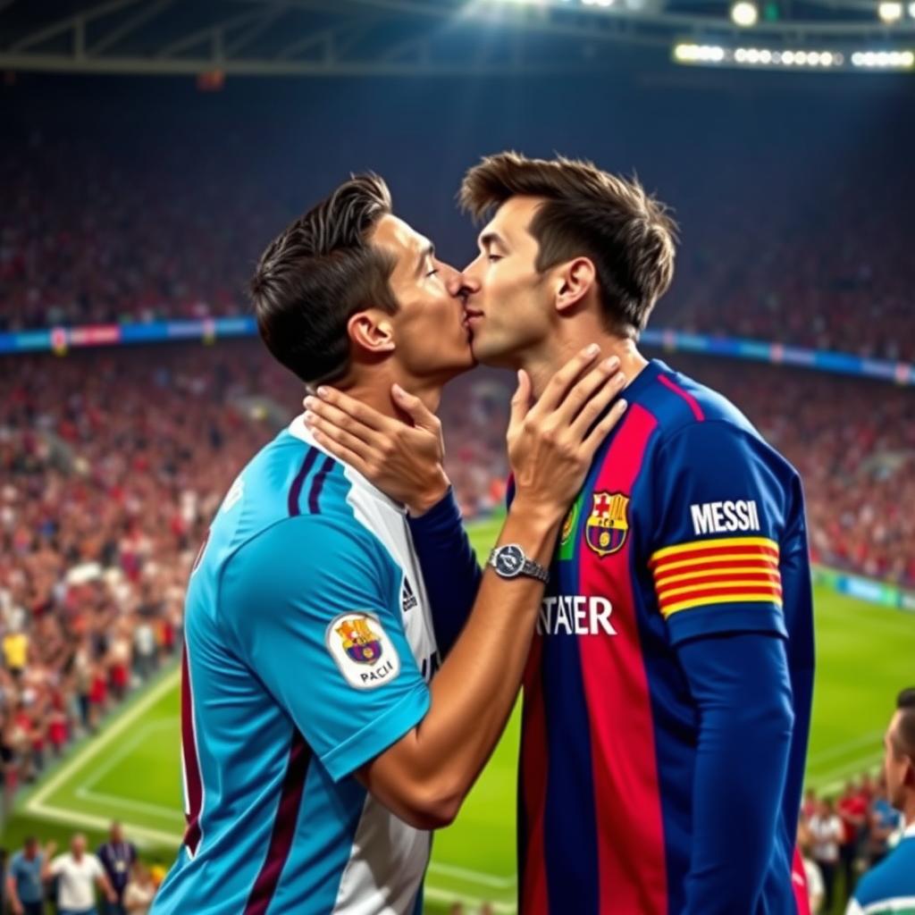 A surreal and imaginative scene depicting Cristiano Ronaldo kissing Lionel Messi, in a friendly and sportsmanlike manner