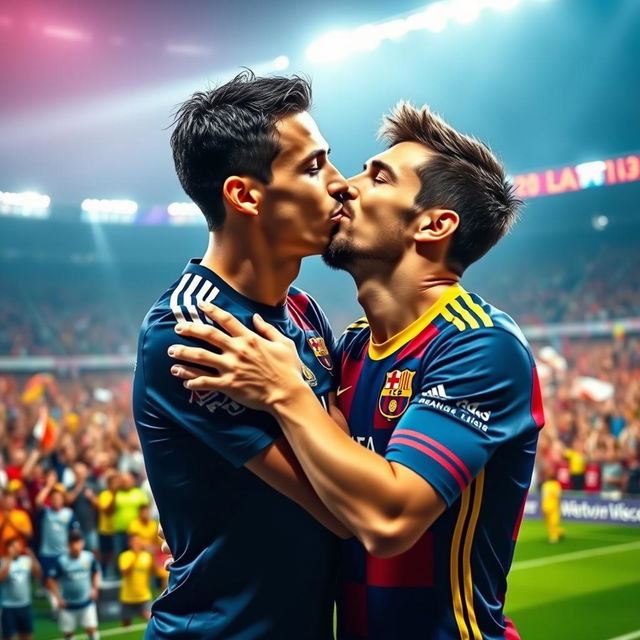 A surreal and imaginative scene depicting Cristiano Ronaldo kissing Lionel Messi, in a friendly and sportsmanlike manner