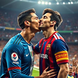A surreal and imaginative scene depicting Cristiano Ronaldo kissing Lionel Messi, in a friendly and sportsmanlike manner