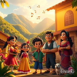 A vibrant scene inspired by the animated film Encanto, showcasing a colorful, magical Colombian village surrounded by lush green mountains