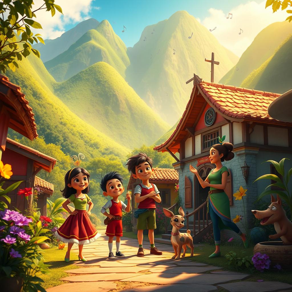 A vibrant scene inspired by the animated film Encanto, showcasing a colorful, magical Colombian village surrounded by lush green mountains