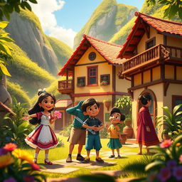 A vibrant scene inspired by the animated film Encanto, showcasing a colorful, magical Colombian village surrounded by lush green mountains