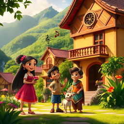 A vibrant scene inspired by the animated film Encanto, showcasing a colorful, magical Colombian village surrounded by lush green mountains