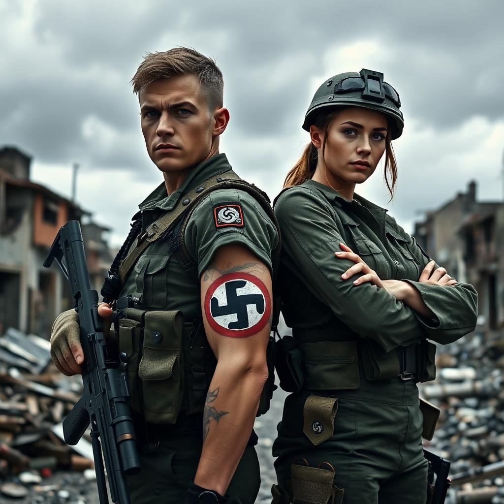 A male and female soldier in combat gear, both displaying a prominent swastika tattoo on their forearms